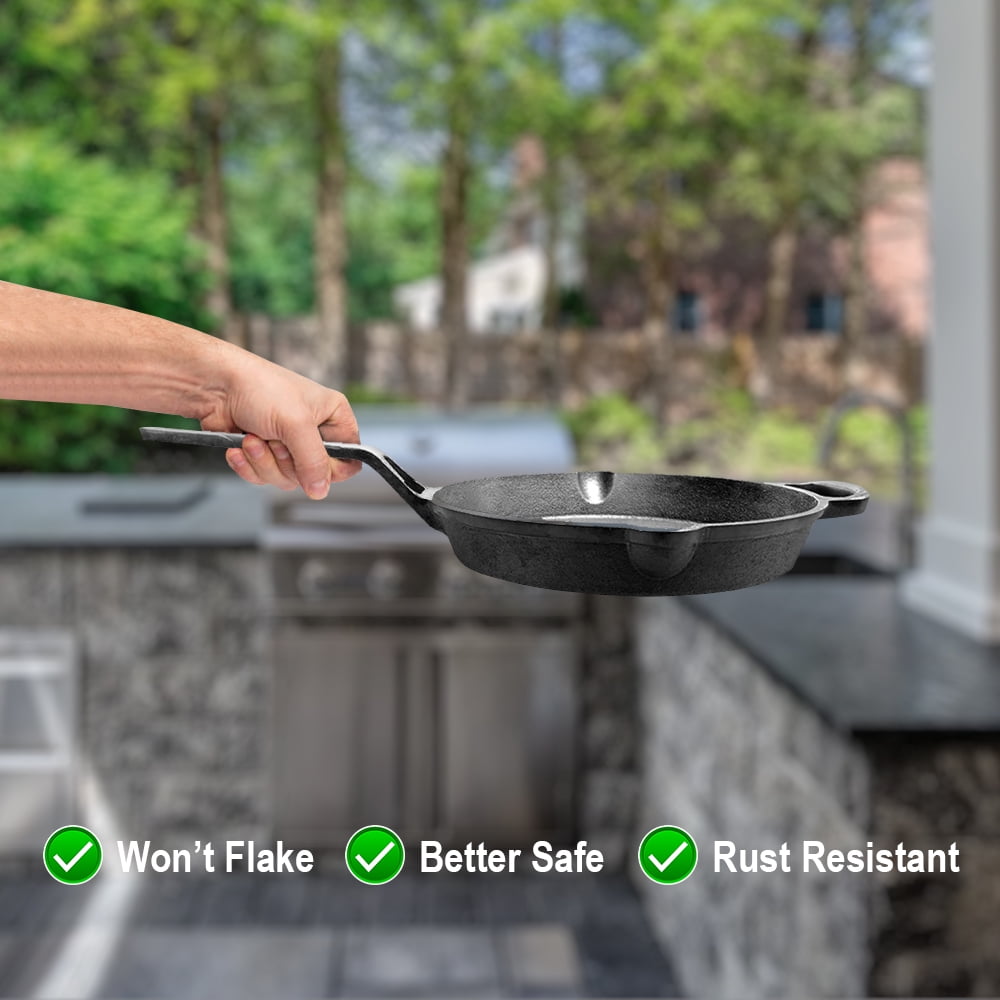 Cast Iron Griddle Pan (Tawa) with Long Handle, Pre-Seasoned Flat Skillet for Roti, Dosa, Pancakes, Tortillas, Heavy-Duty Shallow Frying Pan for Gas, Grill, or Open Fire, 10 Inch