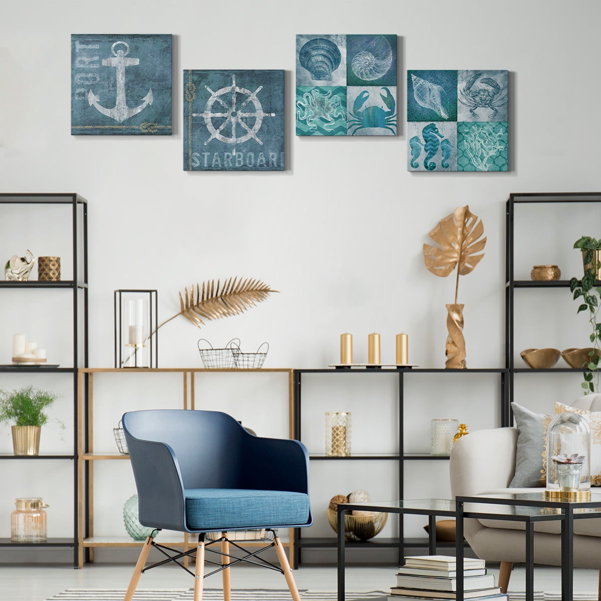 Bathroom Wall Décor Nautical Pictures Prints Sea Animals Navy Blue Canvas Wall Art 12 x 12 inches, Set of 4 Framed on Solid Wood Artwork for Home Cabin Office