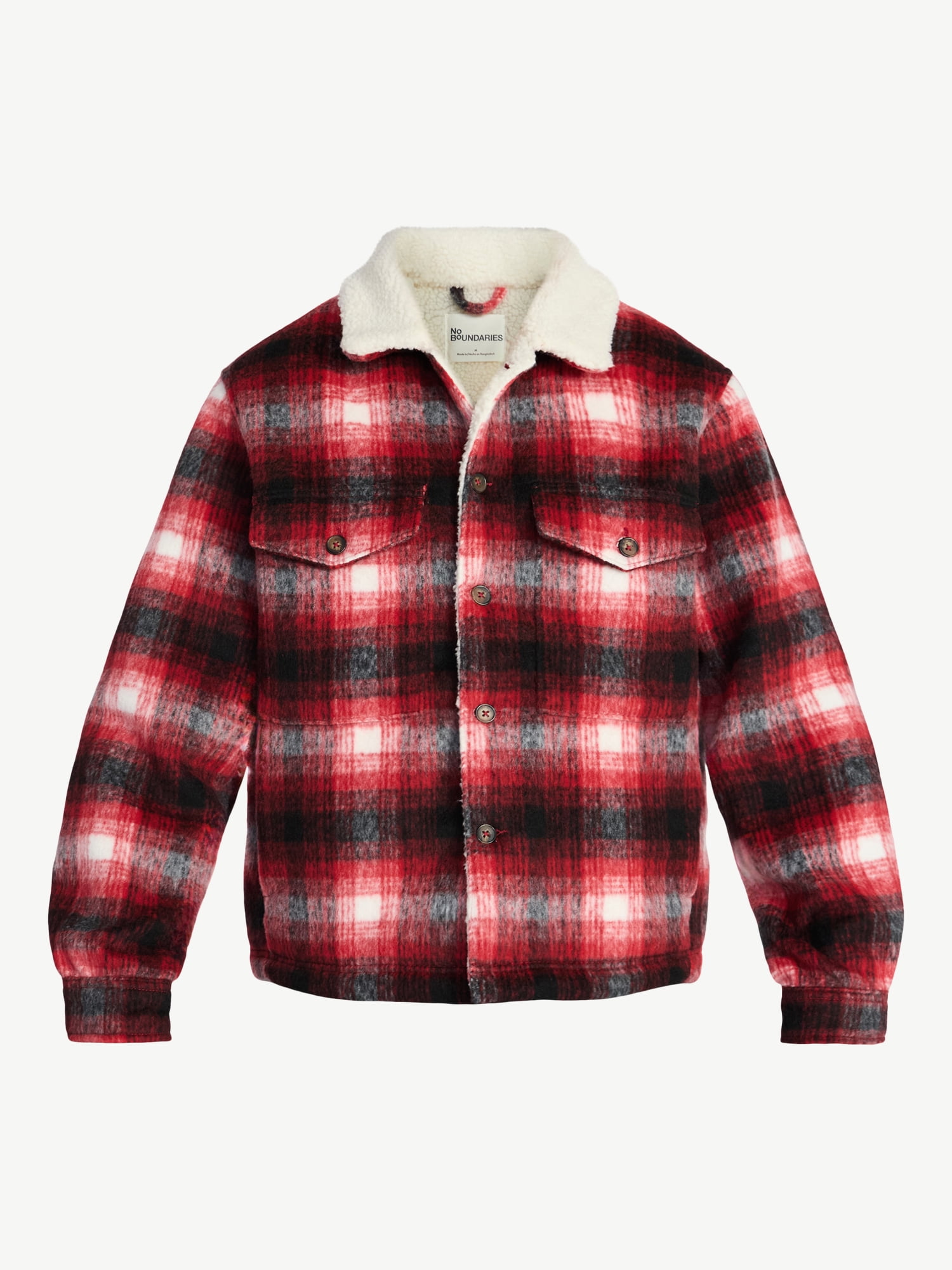 No Boundaries High-Pile Fleece Lined Plaid Overshirt, Men’s and Big Men’s