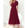 thumbnail image 3 of Burgundy V-Neck Short Sleeve Tiered Maxi Dress With Floral Embossing, 3 of 27