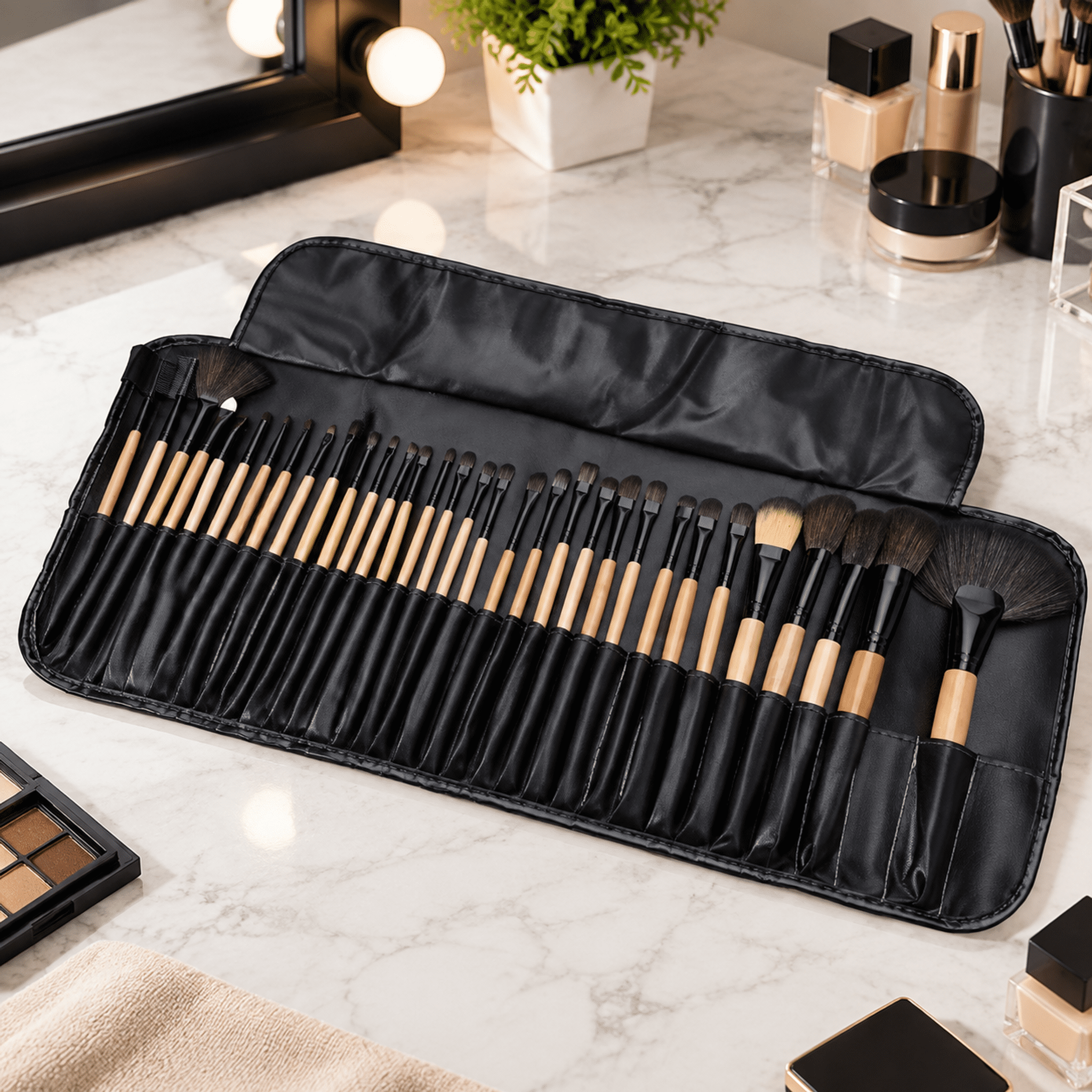 Foldable Makeup Brush Storage Bag, Black Leather Multi Slot Makeup Brush Roll Bag, Professional Makeup Artist Travel Storage Bag