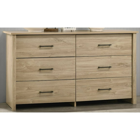 Lilola Home Celeste 57"W Light Oak Finish 6-Drawer Dresser with Black Handles