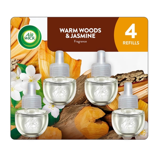 Recargas de aceite para enchufe Air Wick Warm Woods & Jasmine, paquete de 4