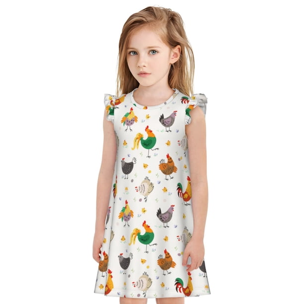 Fotbe Funny Chicken Vestido de Dormir para Niñas de 3 a 10 Años, Mangas Cortas, Estilo Princesa, Pijama Camisón con Mangas Voladas-X-Large