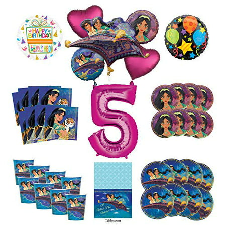 Mayflower Products Aladdin and Princess Jasmine 5th Birthday Party Supplies 8 Guest Decoration Kit and Balloon Bouquet - Pink Number 5