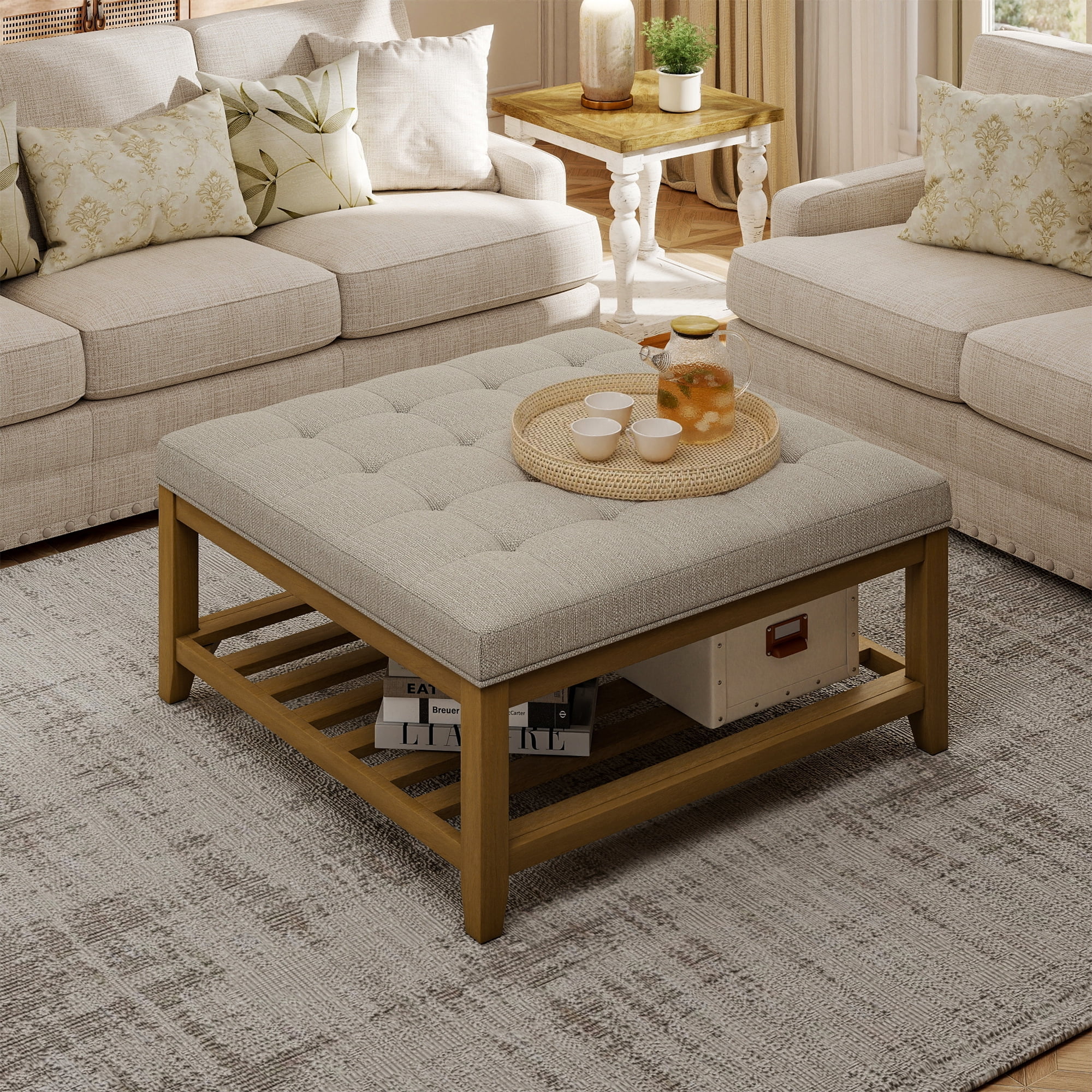 Square Upholstered Ottoman Coffee Table with Storage Shelf, Linen Fabric, Tufted Top, 31.9"x31.9", Beige