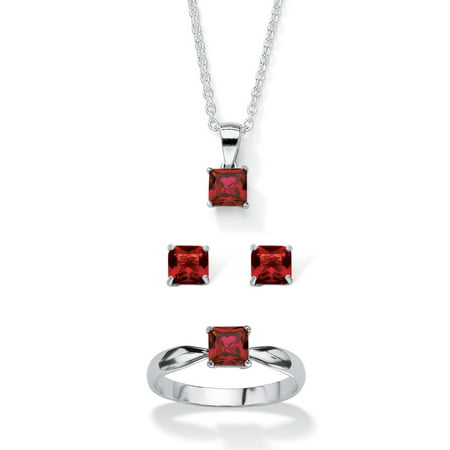 Princess-Cut Birthstone 3-Piece Pendant Necklace, Stud Earrings and Ring Set in Sterling Silver 18