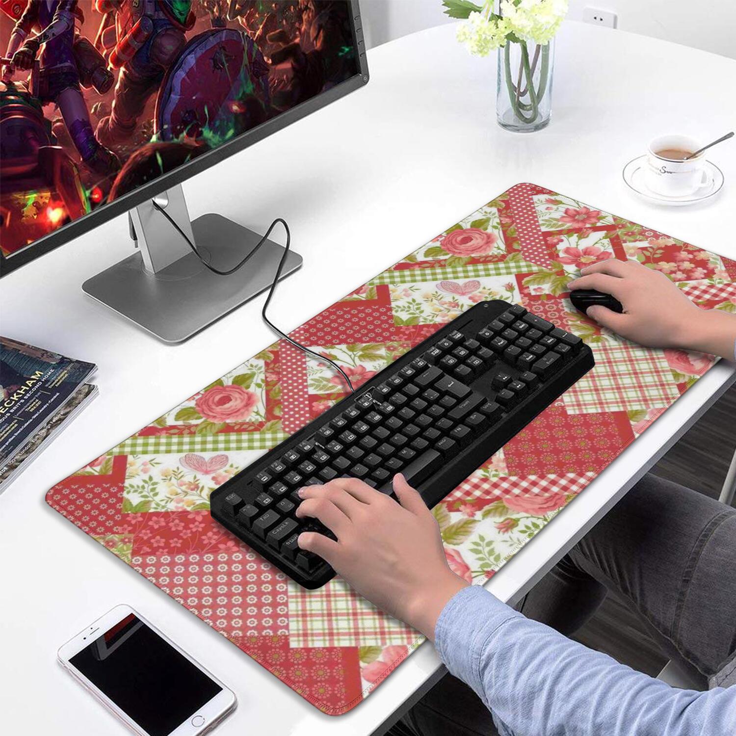 Long Mouse Pads for Desk,Pioneer Flower Floral Print Pattern Desk Mats on Top Of Desks, Desk Mouse Pad Extra Large with 3mm Non-Slip Base and Stitched Edge for Gaming,Office,Work,Home 31.5"x15.7"