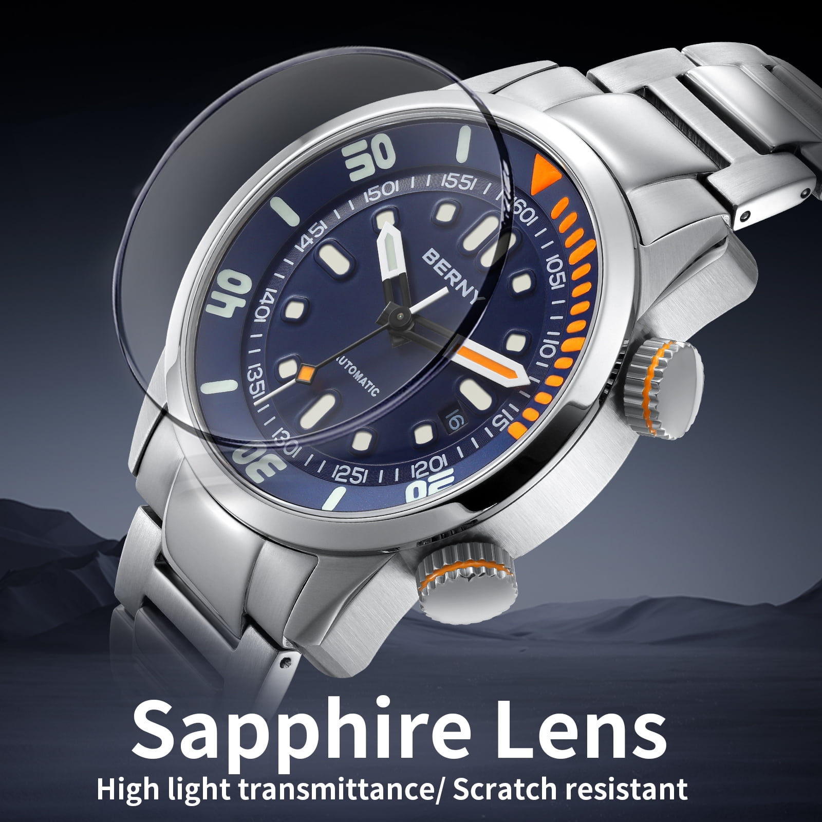 BERNY Automatic Dive Watches for Men, Sport 20ATM Waterproof Analog Mechanical Watch with Date, Super Luminous, Stainless Steel, Sapphire Crystal, Fashion Men's Pro Diver Watch (Blue)
