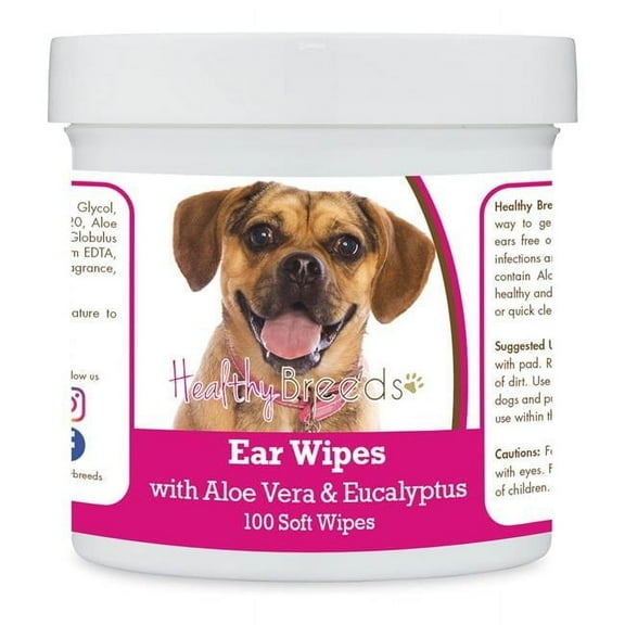 Healthy Breeds 192959824469 Puggle Ear Cleaning Wipes with Aloe & Eucalyptus for Dogs - 100 Count