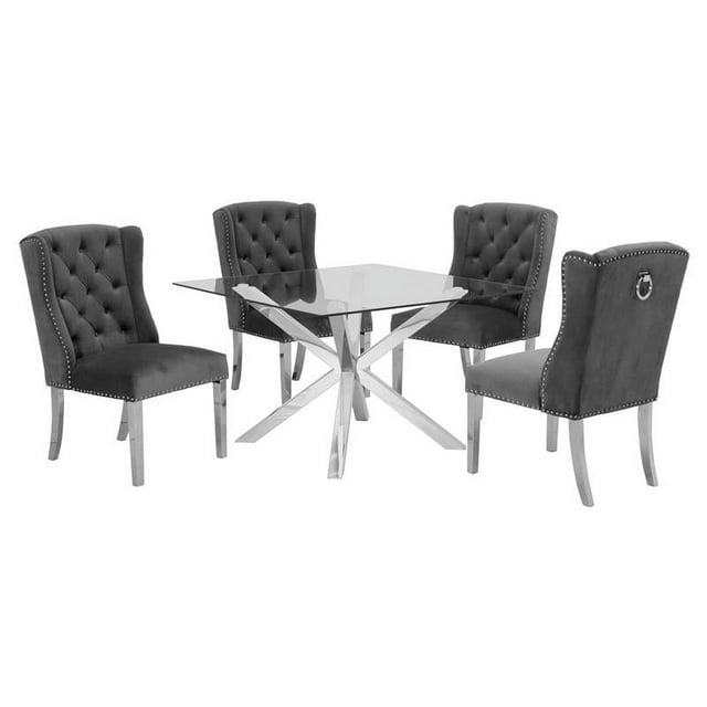 47" x 47" Clear Glass 5pc Dining Set with Silver Stainless Steel