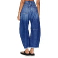 thumbnail image 4 of Women's High Waist Barrel Leg Jeans - Deep Blue Washed Denim with Distressed Ripped Detail, Frayed Raw Hem, Relaxed Cropped Fit Pants for Casual Daily & Boho Outings, 4 of 5