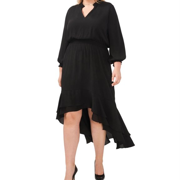 Vince Camuto Womens Smocked Trim High-Low Dress, Black, Plus Size, 1X