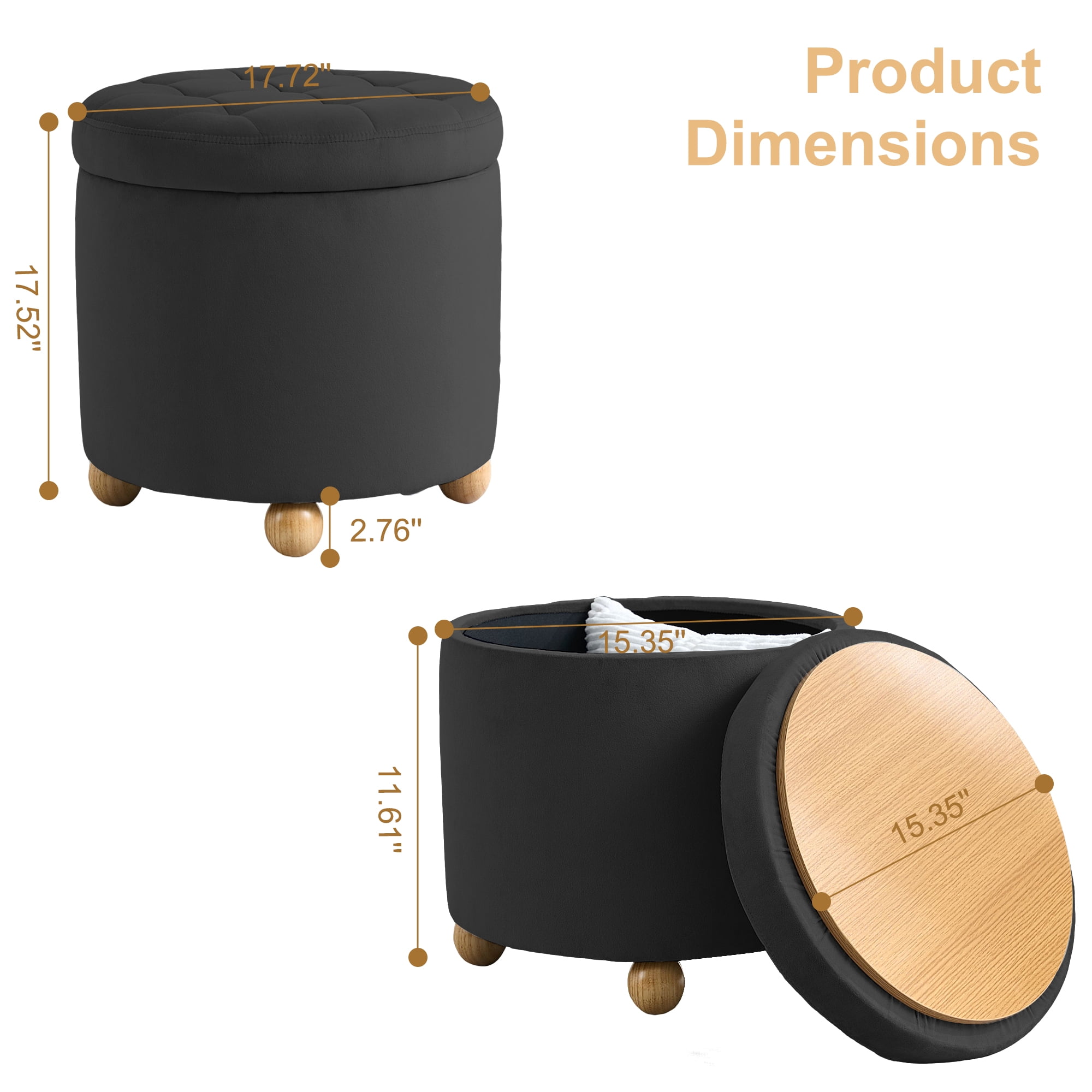 CoVibrant Modern Round Velvet Tufted Storage Ottoman with Reversible Tray Lid, Wooden Legs, Black, , 1-Pack, 17.52 in H x 17.72 in W