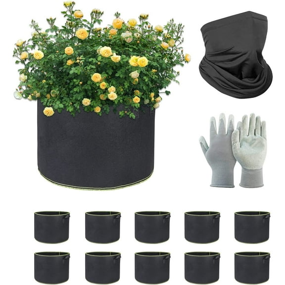 Heavy Duty 10-Pack 7 Gallon Plant Grow Bags, Thickened Nonwoven Aeration Fabric Pots with Reinforced Handles (A Pair of Gloves and 2 Dusk Masks Included)