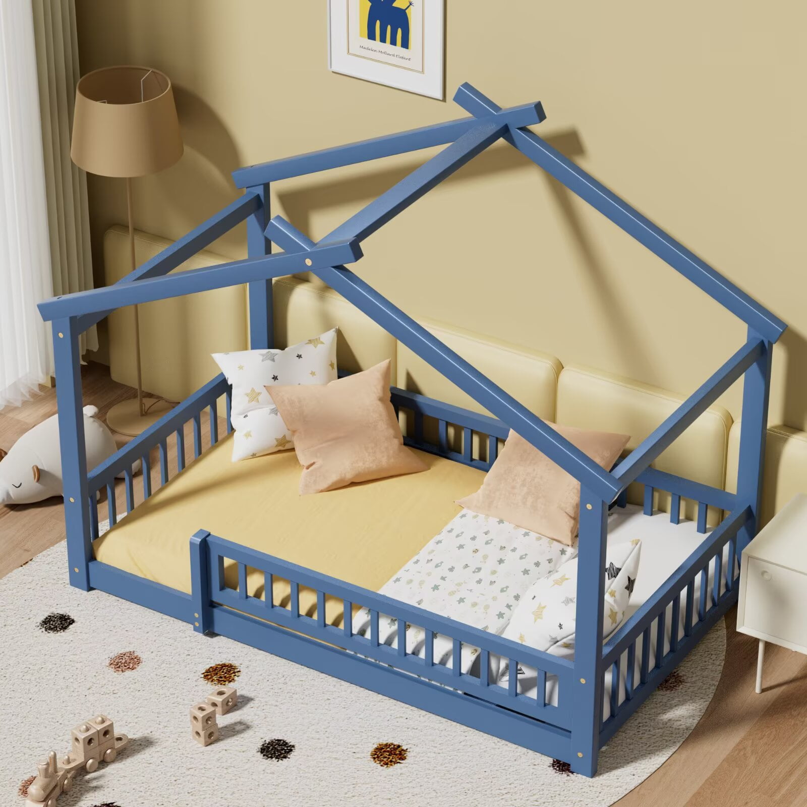 Twin Size House Bed with Fence, Wood Floor Bed with Roof, Montessori Bed Frame Playhouse Bed for Girls and Boys Bedroom, Easy Assembly, Mist Blue