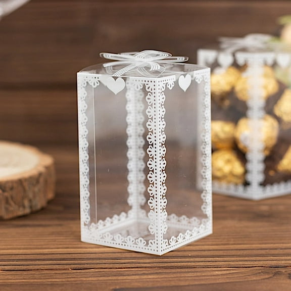 BalsaCircle 25 Clear Rectangular Plastic Favor Boxes Bowknot White Lace Pattern Party Events Decorations