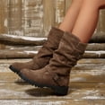 thumbnail image 6 of Women Buckle Strap Ruched Mid Calf Boots Faux Suede Solid Color Round Toe Block Mid Heel Winter Casual Boots Indoor Outdoor Daily Wear US Size 5 To 9 Brown, 6 of 9
