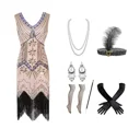 thumbnail image 3 of Nuevo vestido estilo flapper de los años 20, vestido de noche de fiesta del Gran Gatsby con lentejuelas y flecos, vestido con accesorios de los años 20, conjunto de 6 piezas, talla grande, 3 of 5