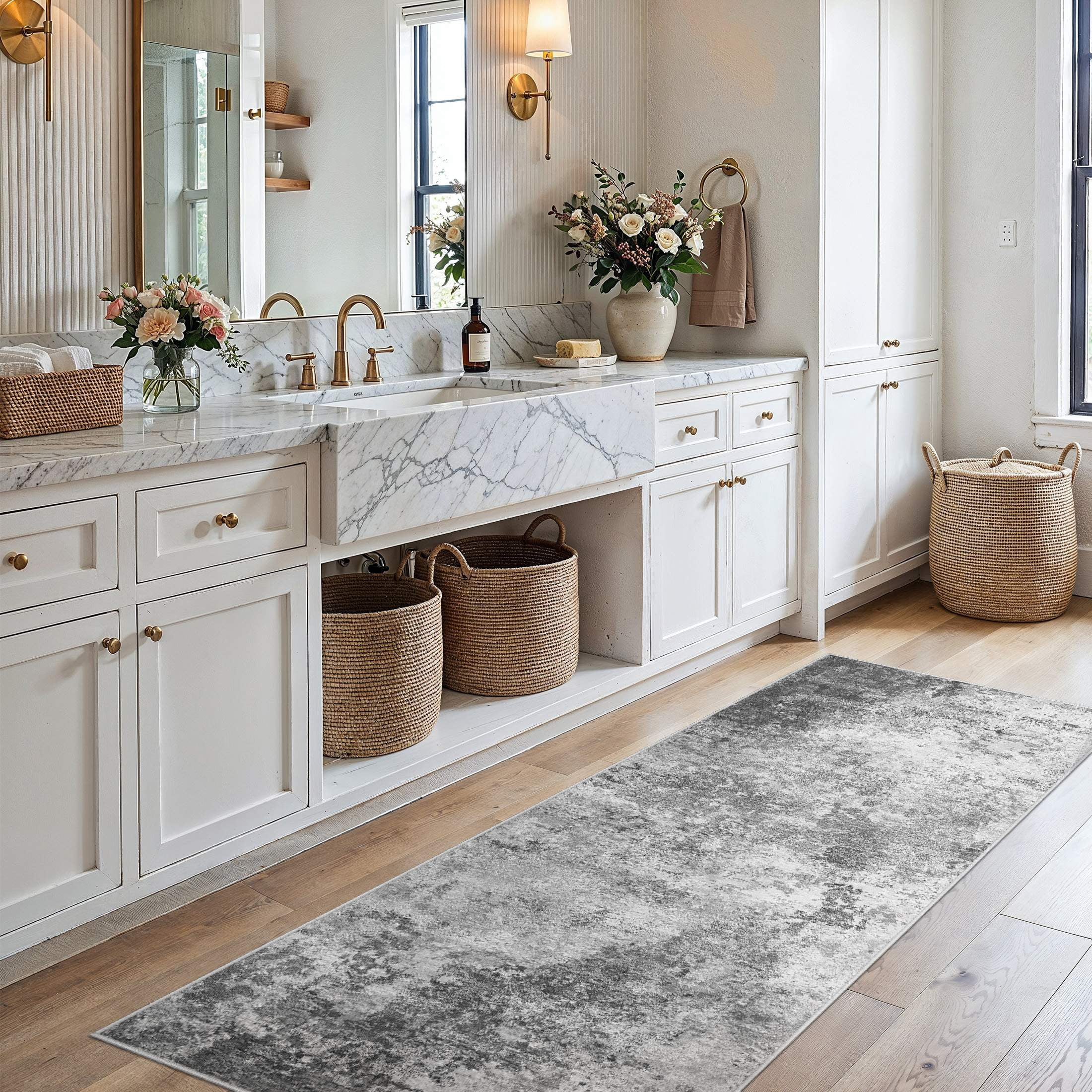 UERMEI 2'x6' Runner Rug, Washable Non-Slip Indoor Runner Rug for Kitchen Halfway Laundry Bedroom Living Room Carpet Area Rug, 2x6 ft Abstract Low Pile Kitchen Runner Rug, Dark Gray