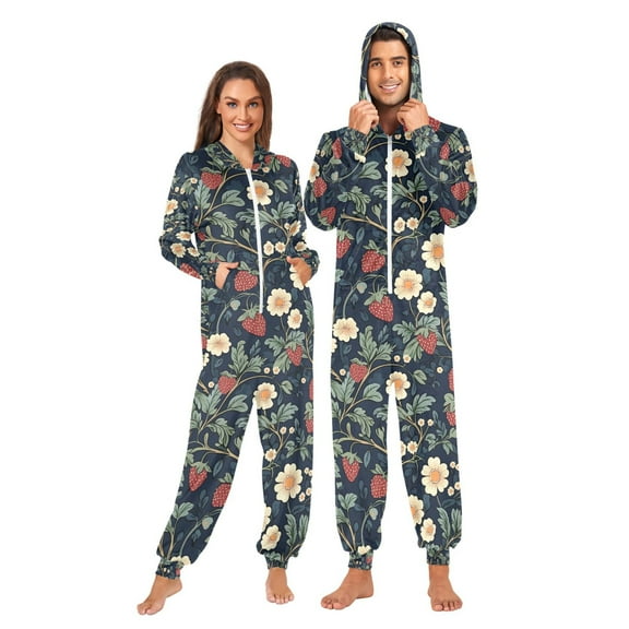 FORMRS Onesies Pajama for Adults Unisex Hoodie Winter Jumpsuit One Piece Sleepwear, Sizes S-2XL, Floral Raspberry Pattern