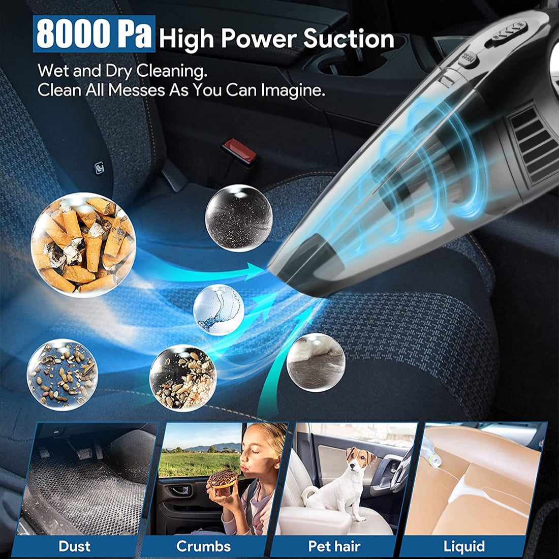 Portable Car Vacuum Cleaner, High Power Cordless Handheld Vacuum For Car, Rechargeable Wet Dry Hand Held duster for Detailing and Cleaning Car Interior Home Car Dual Purpose (Black)