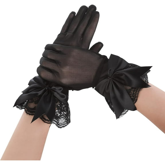 Zhengup Women Party Bow Lace Gloves Floral Lace Gloves for Bridal Elegant Short Lace Gloves for Tea Party Dinner Funeral