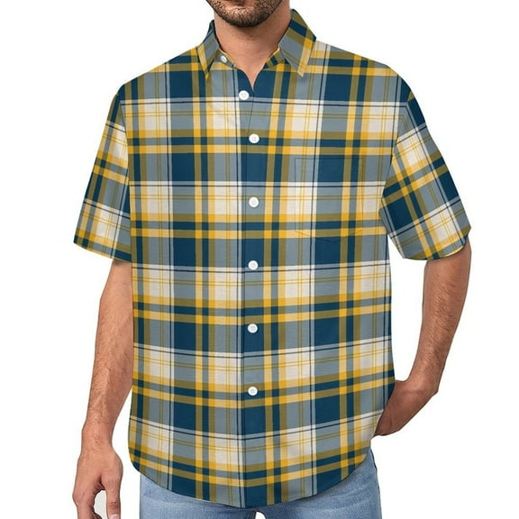 Blue And Yelllo Plaid Casual Shirt Retro Print Vacation Loose Shirt Summer Funny Blouses S