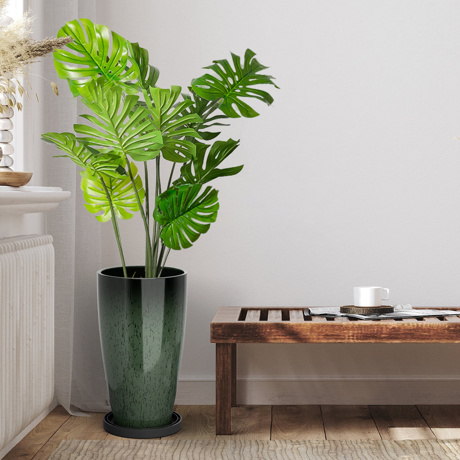 FIASON 2 Pack 21 Inch Dark Green Gradient Tall Plastic Planters, 10mm Thick Glossy Marble Finish with Drainage Holes & 2-in-1 Saucer, Indoor Outdoor Planters for Front Porch Patio
