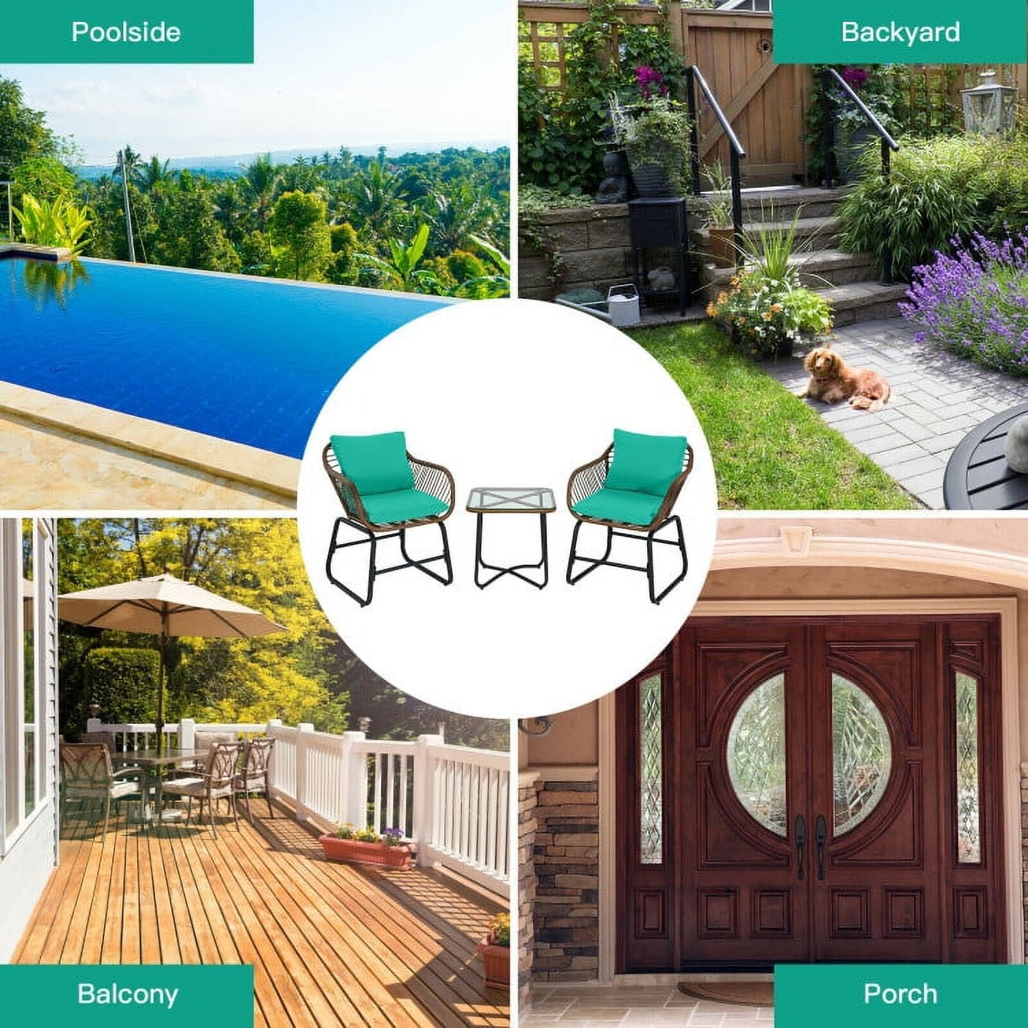 Aimee Lii 3 Pieces Patio Rattan Bistro Set Cushioned Chair Glass Table Deck, Outdoor Patio Furniture, Turquoise Aimee Lii 3 Pieces Patio Rattan Bistro Set Cushioned Chair Glass Table Deck, Outdoor Patio Furniture, Turquoise