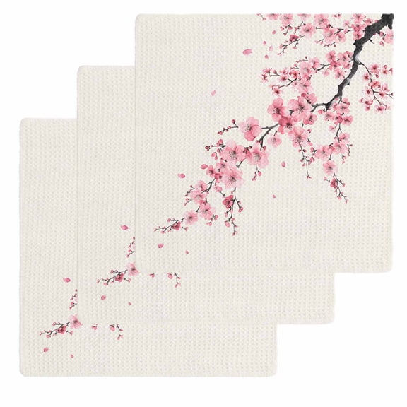 Cherry Blossoms Kitchen Dish Towels for Drying Dishes Set of 3, Pink Flower Floral Spring Nature Country Waffle Weave Microfiber Hand Tea Bathroom Towels Quick Dry & Absorbent Towel 12x12