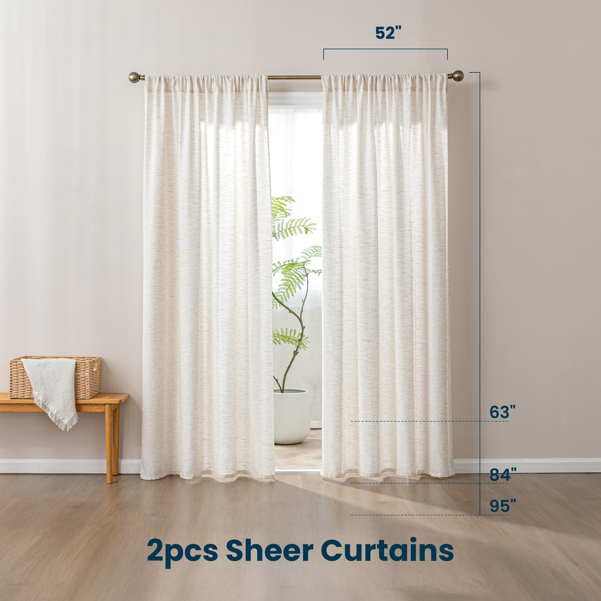 Sleep Zone Flax Linen Blended Sheer Curtains Pack of 2, Semi Panel Curtains Living Room, 52" x 84" Beige