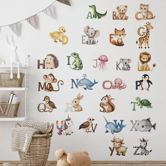 Watercolour Animal Alphabet Kids Wall Stickers Wall Decals Peel and Stick Removable Wall Stickers for Kids Nursery Bedroom Living Room Bathroom glass decals
