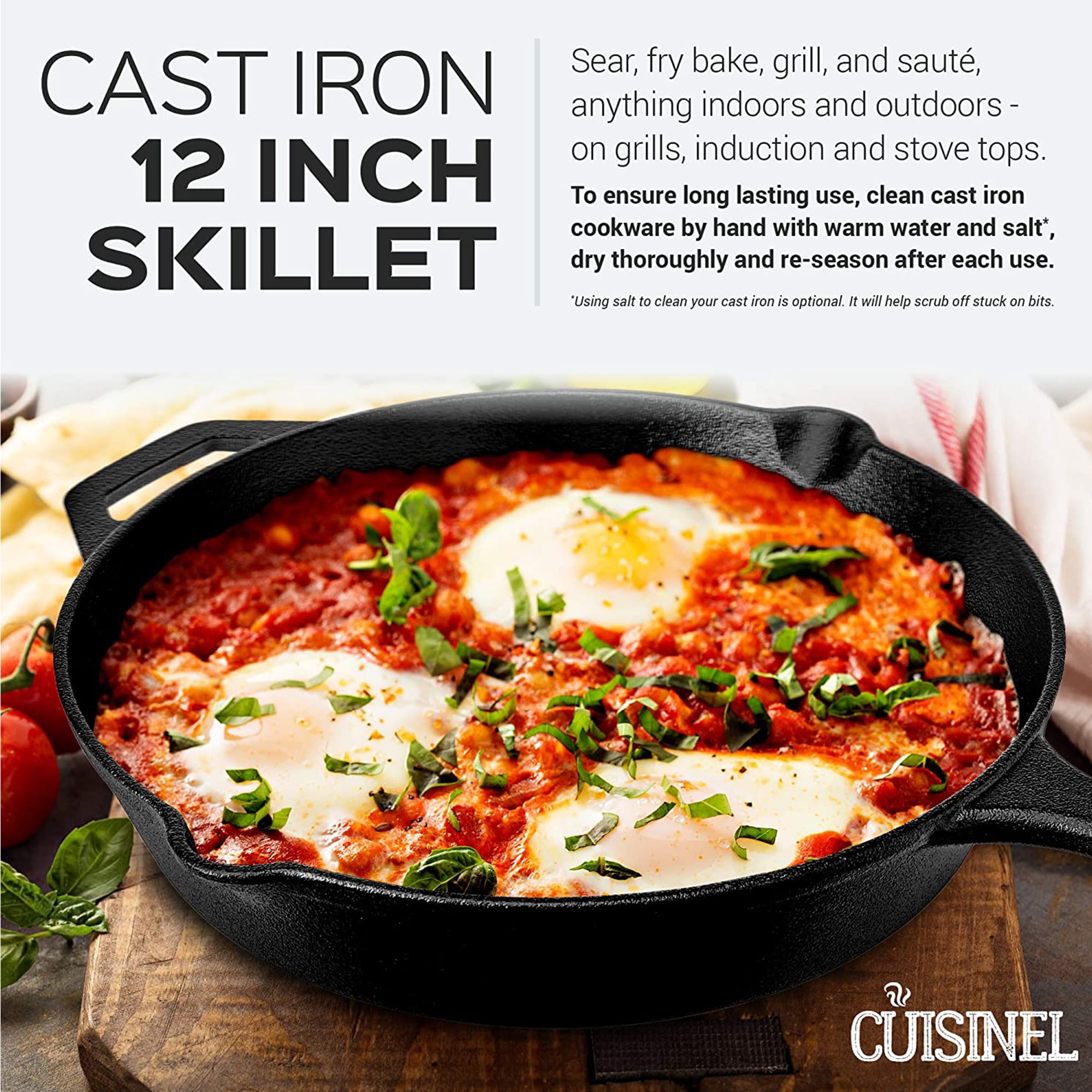 Cuisinel Cast Iron Skillet with Lid - 12″-Inch Frying Pan + Glass