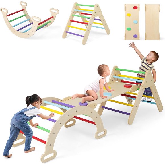 OLAKIDS Jouets d'Escalade pour Tout-Petits, Ensemble Triangle Montessori en Bois 5 en 1 pour Enfants, Jouet Grimpeur avec Rampe, Échelle, Arche et Glissade pour Aire de Jeux, Structure de Jeu de Gymnase d'Escalade Intérieure pour Garçons et Filles