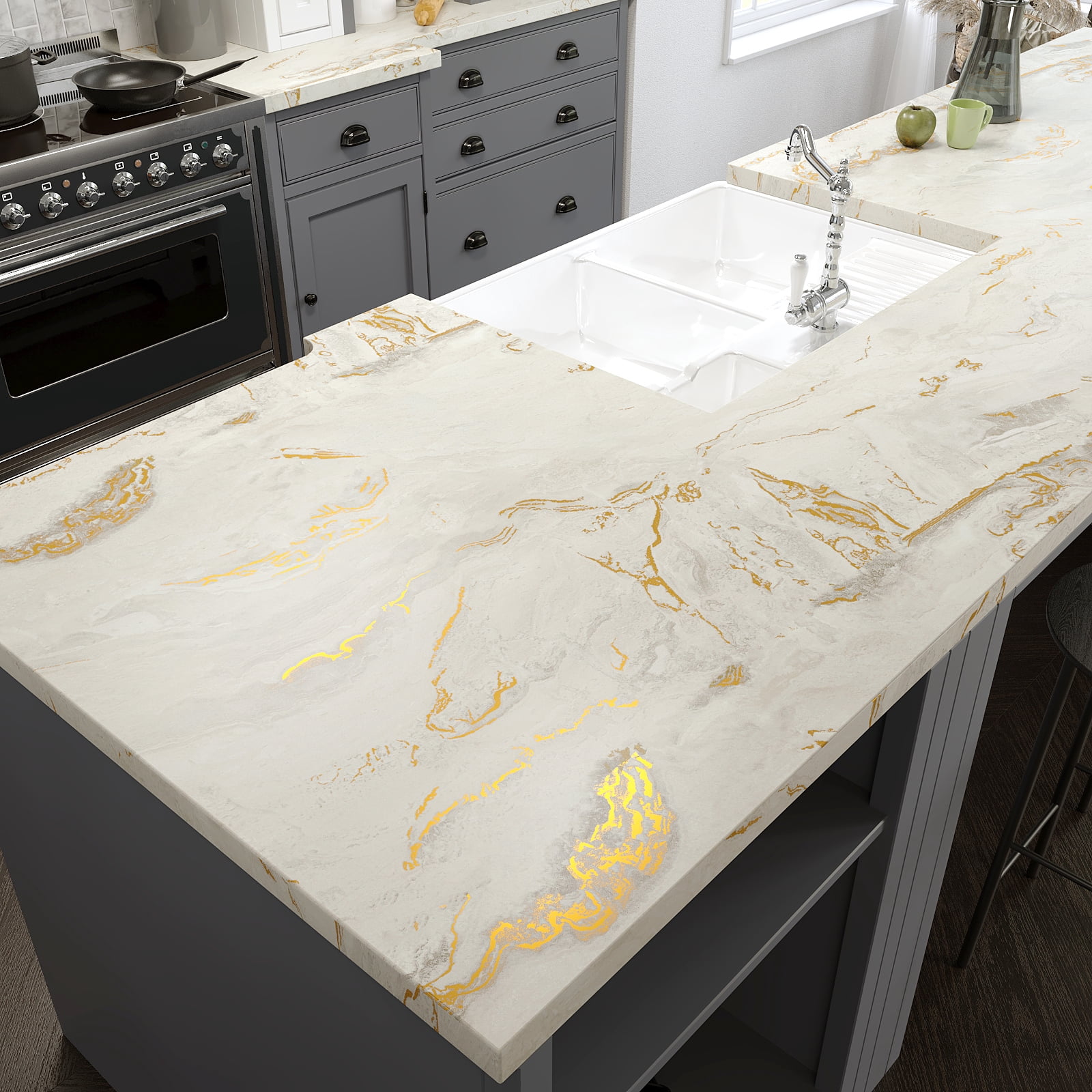 VEELIKE Matte Beige Gold Marble Countertop Contact Paper for Countertop Waterproof Peel and Stick Granite Marble Wallpaper for Kitchen Self Adhesive Countertop Covers for Bathroom Walls 15.7"x354"