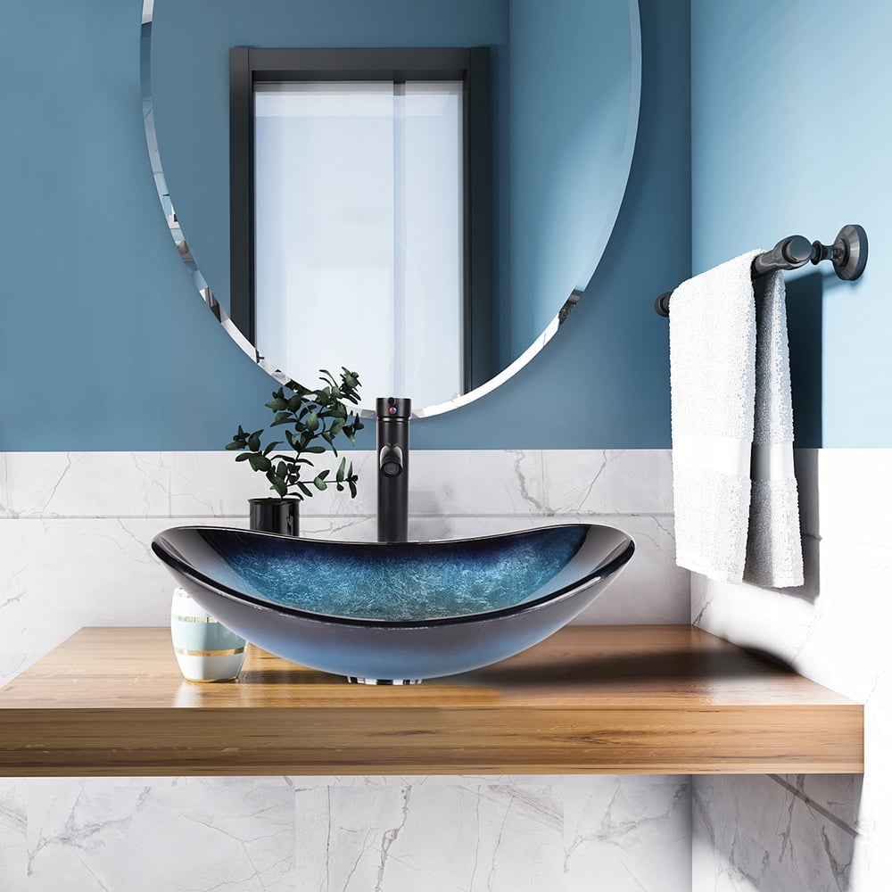 FULLWATT Boat Shape Bathroom Artistic Glass Vessel Sink Free Oil Rubbed Bronze Faucet and Pop-up Drain,Blue