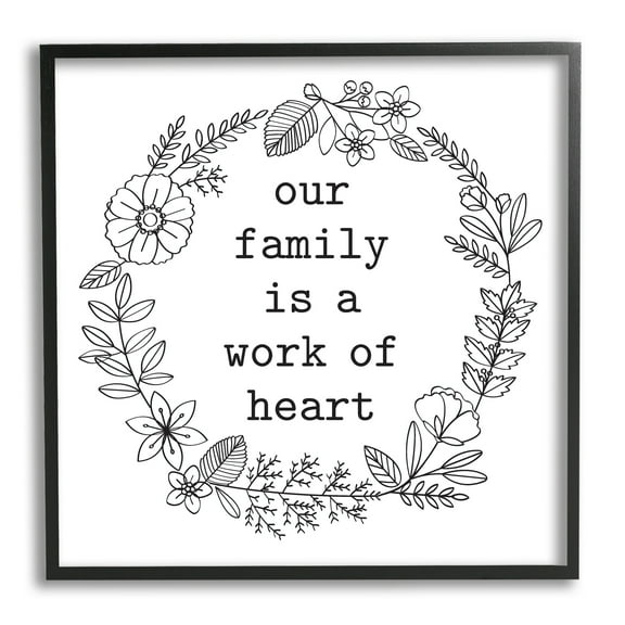 Stupell Industries Work Of Heart Floral Outline Wreath Family Quote Graphic Art Black Framed Art Print Wall Art, Design by Lettered and Lined