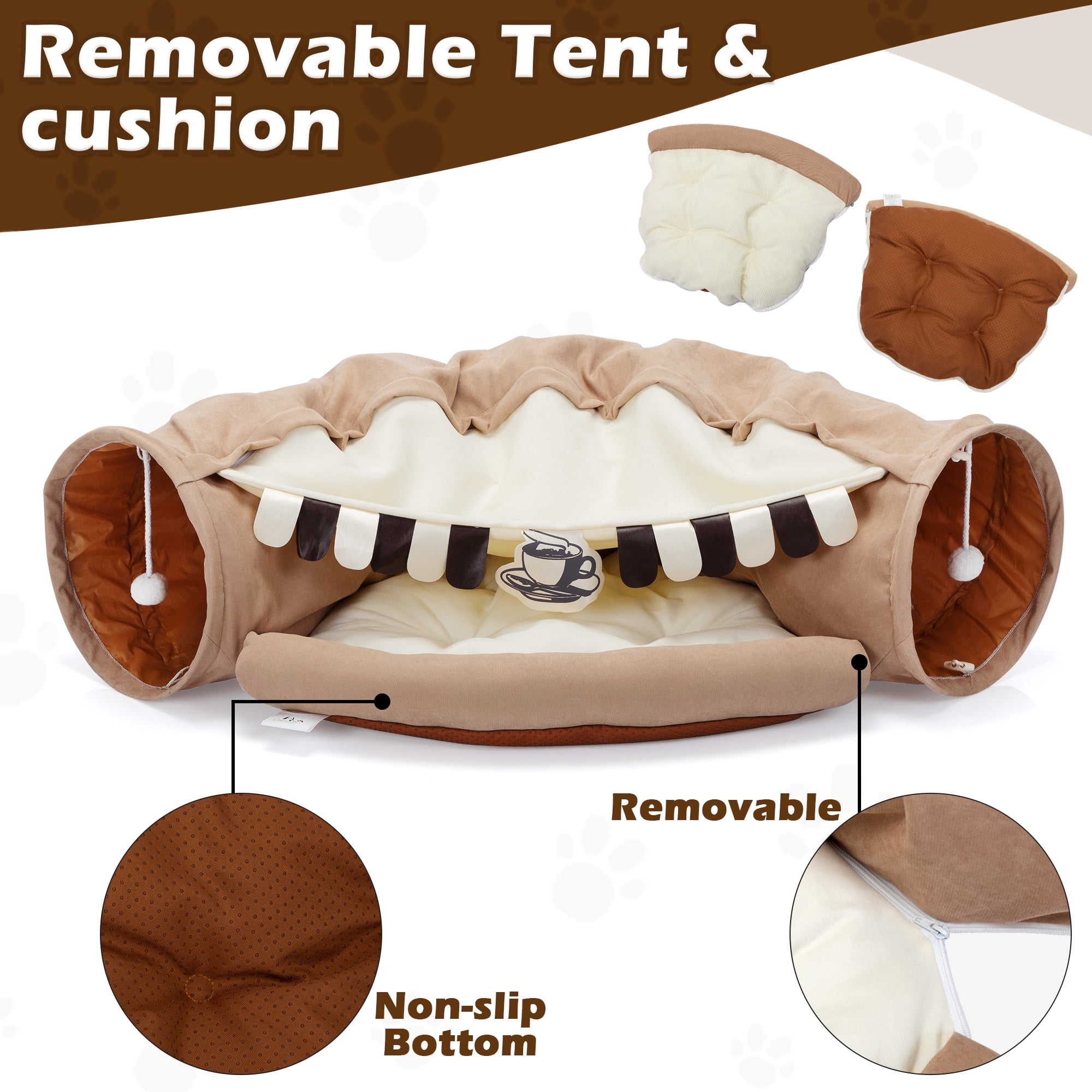 COZIWOW 2-in-1 Cat Tunnel Bed, Cat Tube with Collapsible Washable Mat for Indoor Cats, Coffee