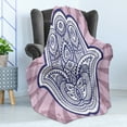 thumbnail image 4 of Hamsa Soft Flannel Fleece Throw Blanket, Hand Drawn Style Turkish Paisley Bohemian Motifs on Grunge Stripes, Cozy Plush for Indoor and Outdoor Use, 50" x 60", Purple Grey Violet Blue, by Ambesonne, 4 of 5