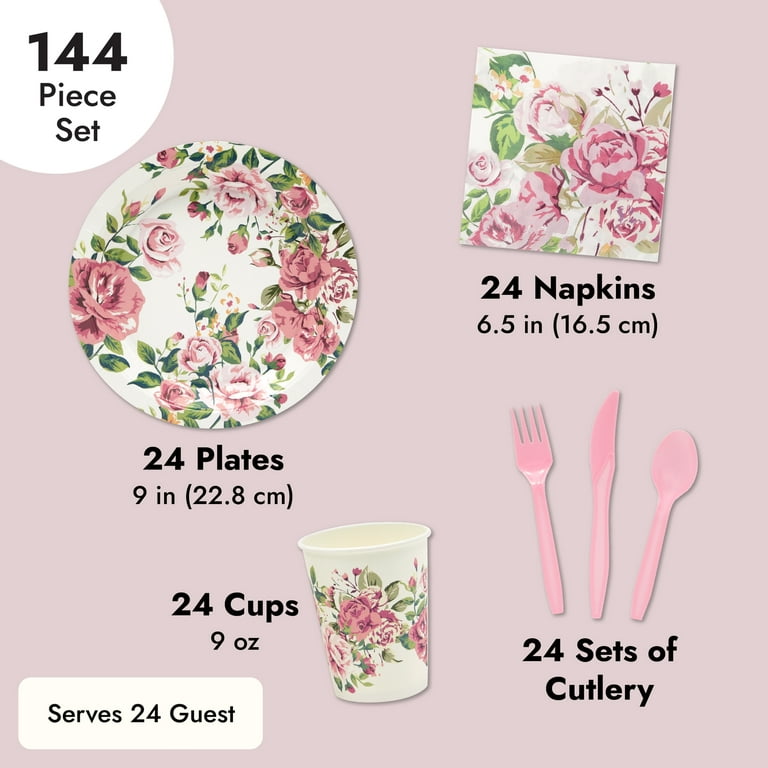 144 Piece Vintage Style Tea Party Supplies with Pink Floral Paper Plates,  Napkins, Cups, and Cutlery, Disposable Tableware Set for Girls Baby Shower