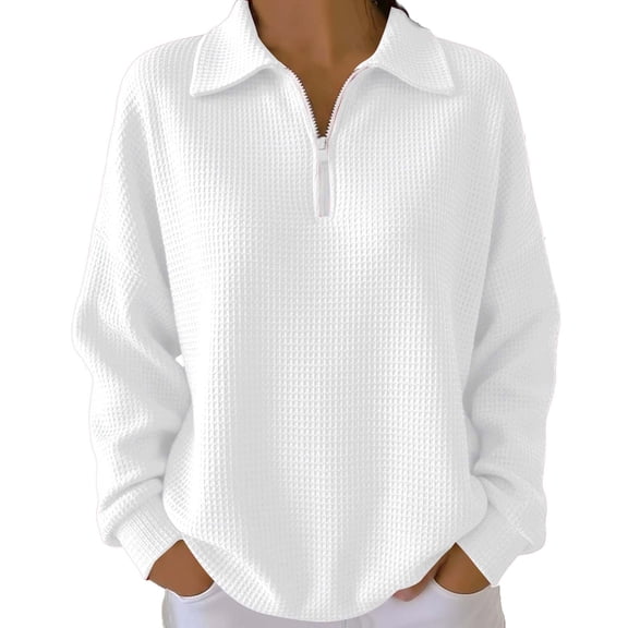 Olyvenn Women's Waffle Knit Top 1/4 Zip Pullover Textured Sweatshirt Long Sleeve Loose Fit Casual Waffle Tunic Tops White L