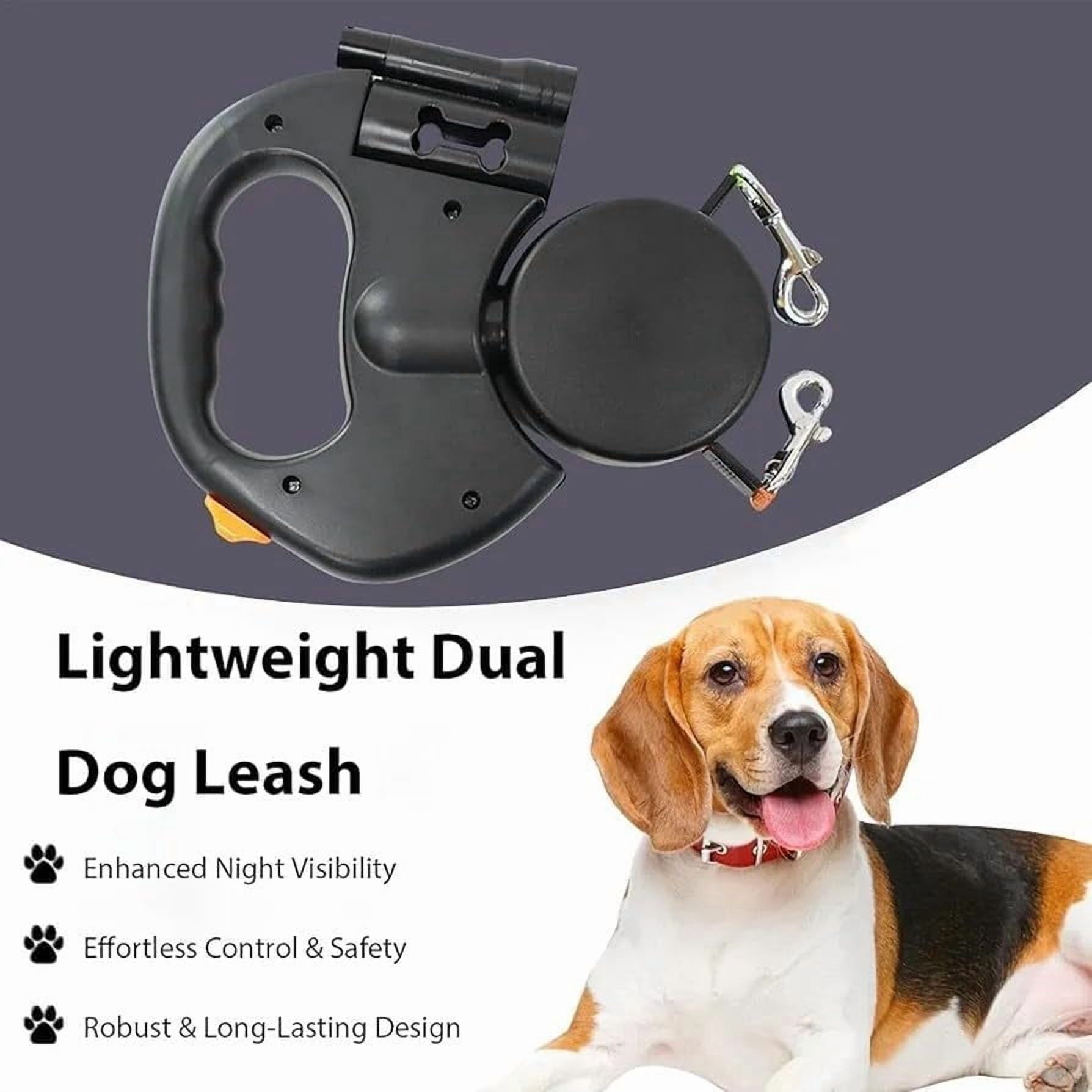 Dual Retractable Dog Leash with LED Flashlight & Poop Bag Holder, Tangle-Free Lock Control, One-Handed Brake for Small Medium Large Dogs
