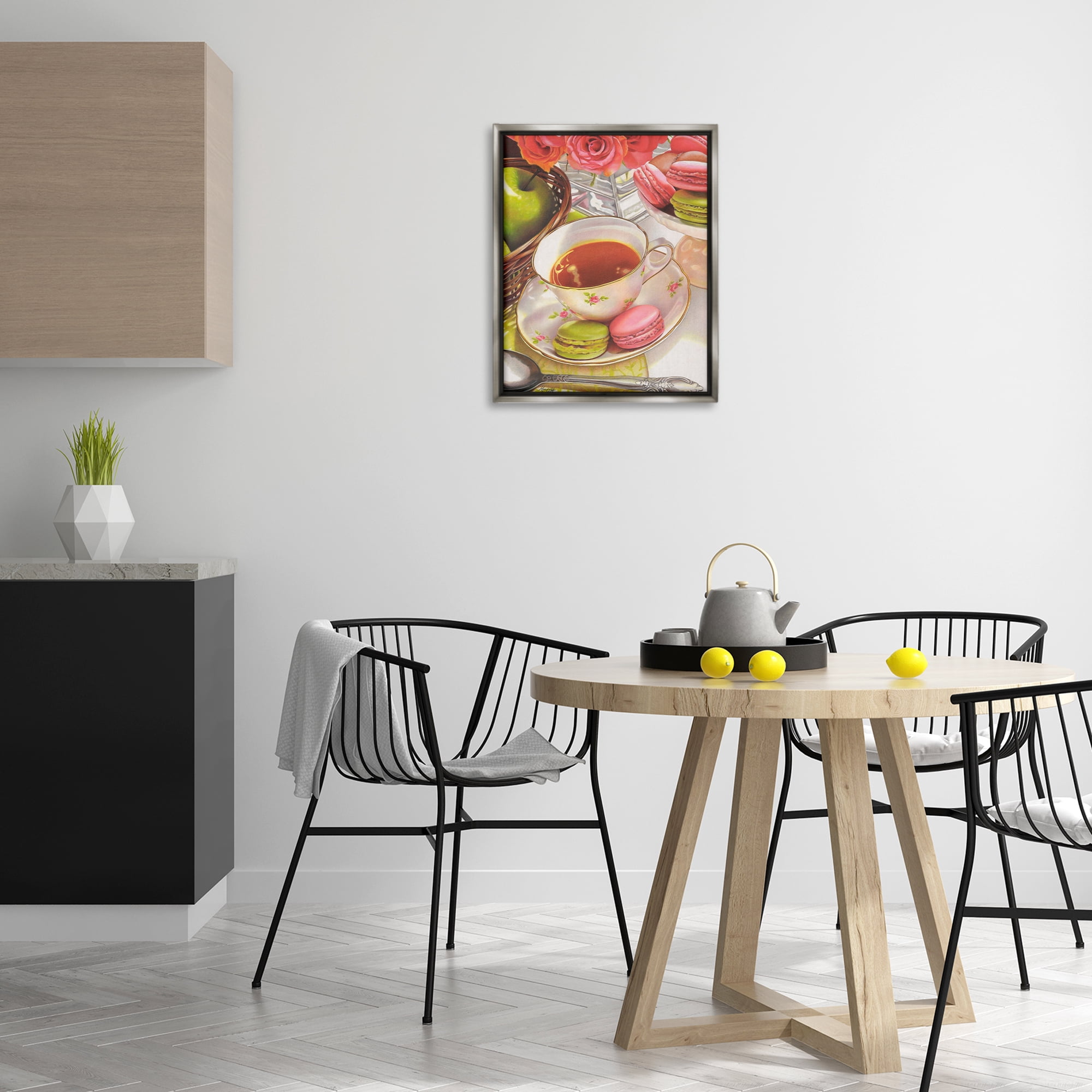 Stupell Industries Tea with Macarons Food & Beverage Painting Gray Floater Framed Art Print Wall Art, 17 x 21