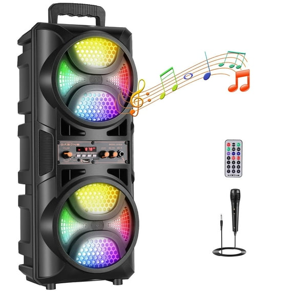 PEPWELL TWS Portable Wireless Bluetooth Speaker with Dual 6.5 Inch Woofer, PA Speaker System with Wired Microphone, Remote, FM Radio, Party Lights, Outdoor Karaoke Machine for Events, Camping, Travel