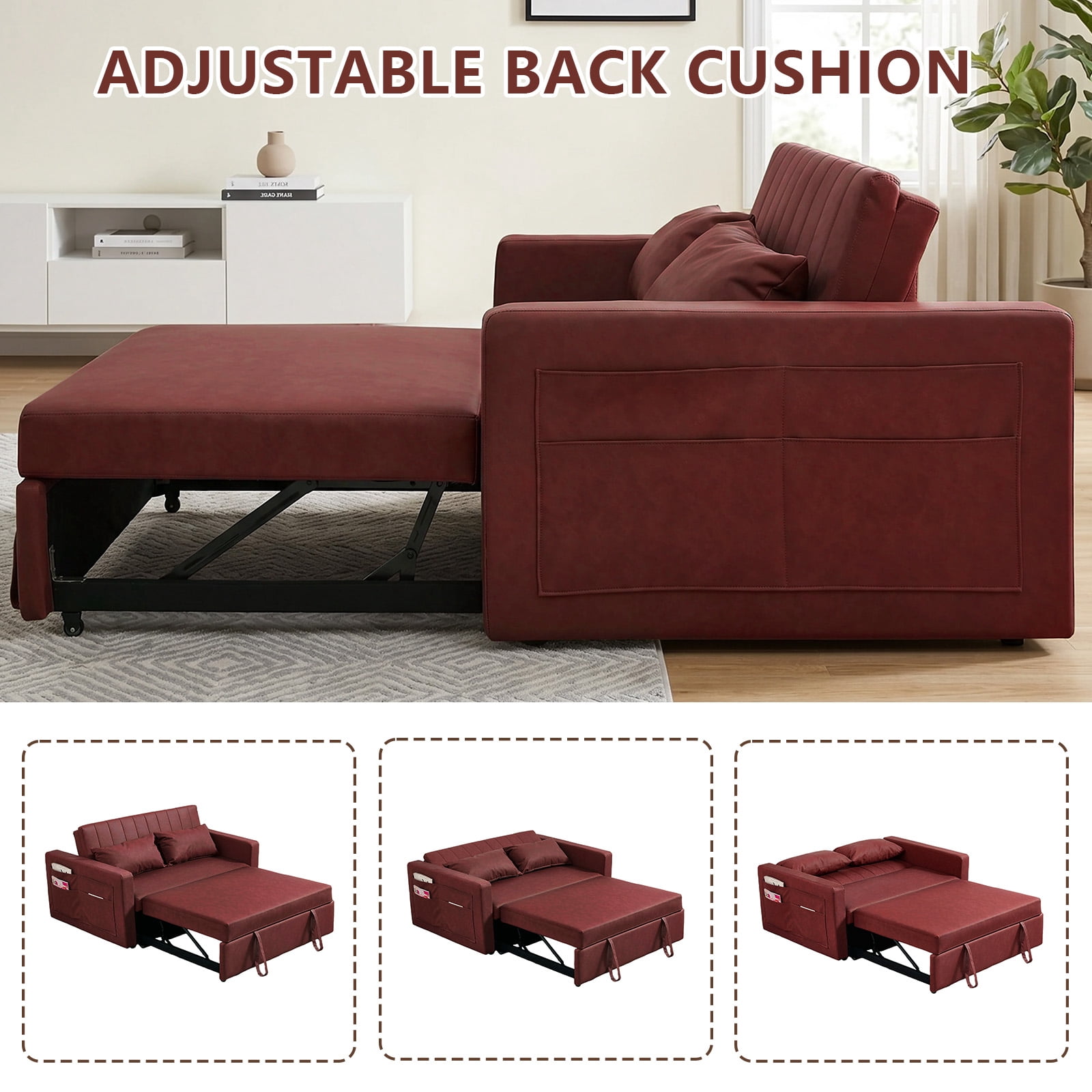 55" 3 in 1 Convertible Sleeper Sofa Bed, Leather Pull Out Sofa Bed, Loveseat Sleeper, Futon Sofa Couch with Side Pocket for Living Room, Apartment, Bedroom,Burgundy