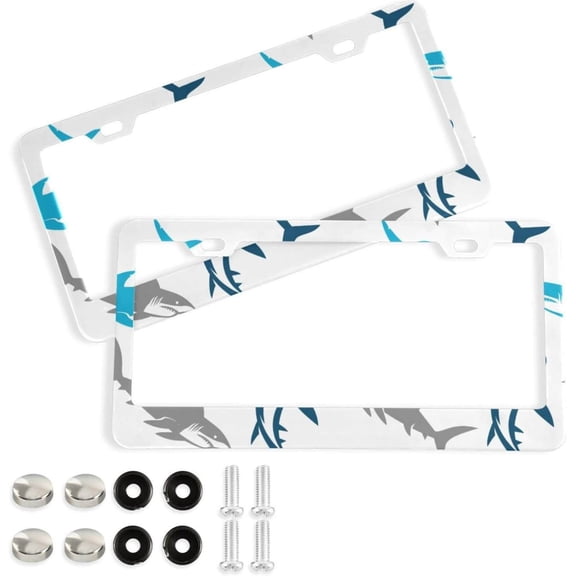 Coolnut Shark License Plate Frames 2 Pack, Waterproof Aluminum Alloy Car Tag Holder 2 Holes License Plate Covers with Screw Caps Auto Accessories