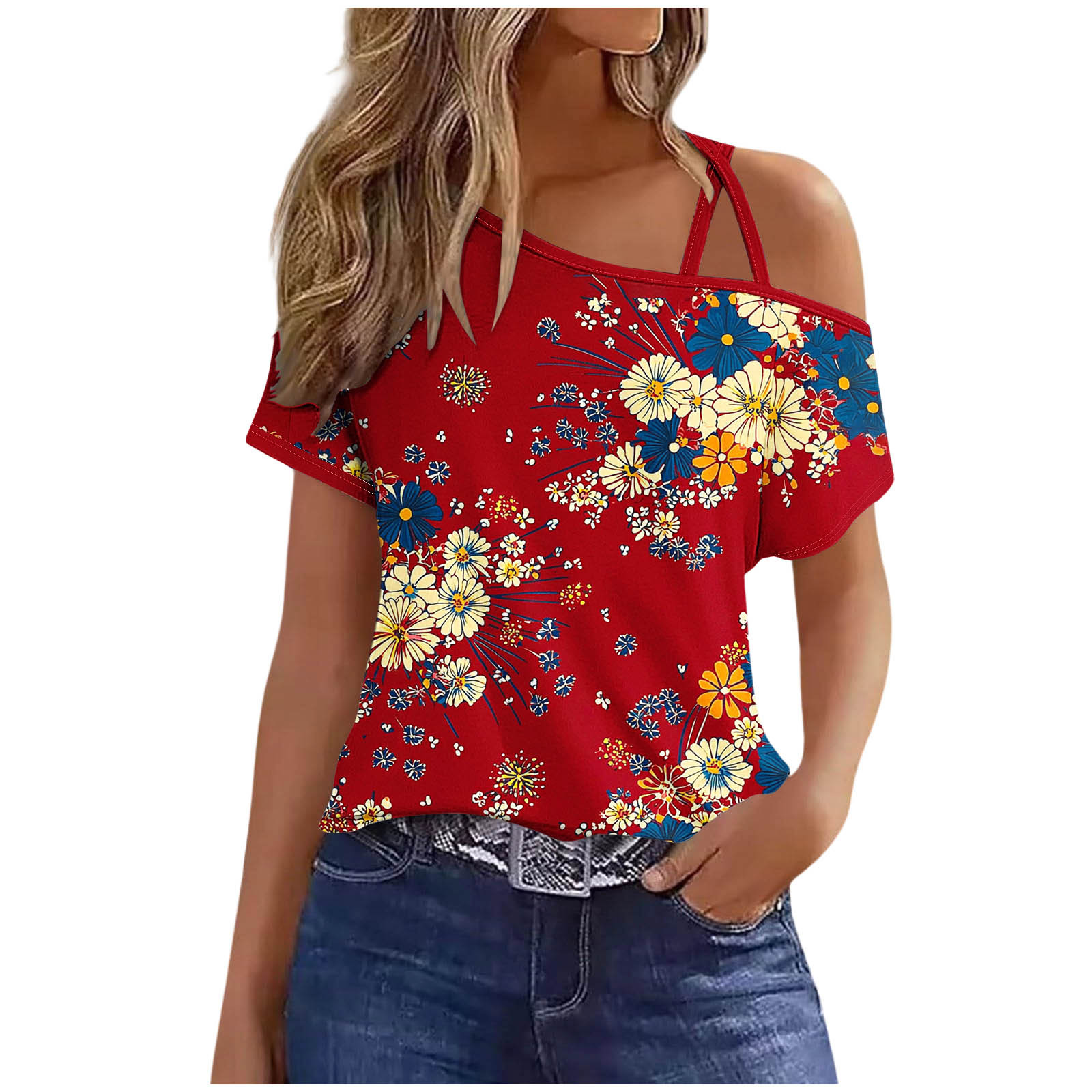 LYEAA 4th of July Womens Clothes American Flag T Shirts Patriotic Red White Blue One Shoulder Tops Independence Day Short Sleeve Tees