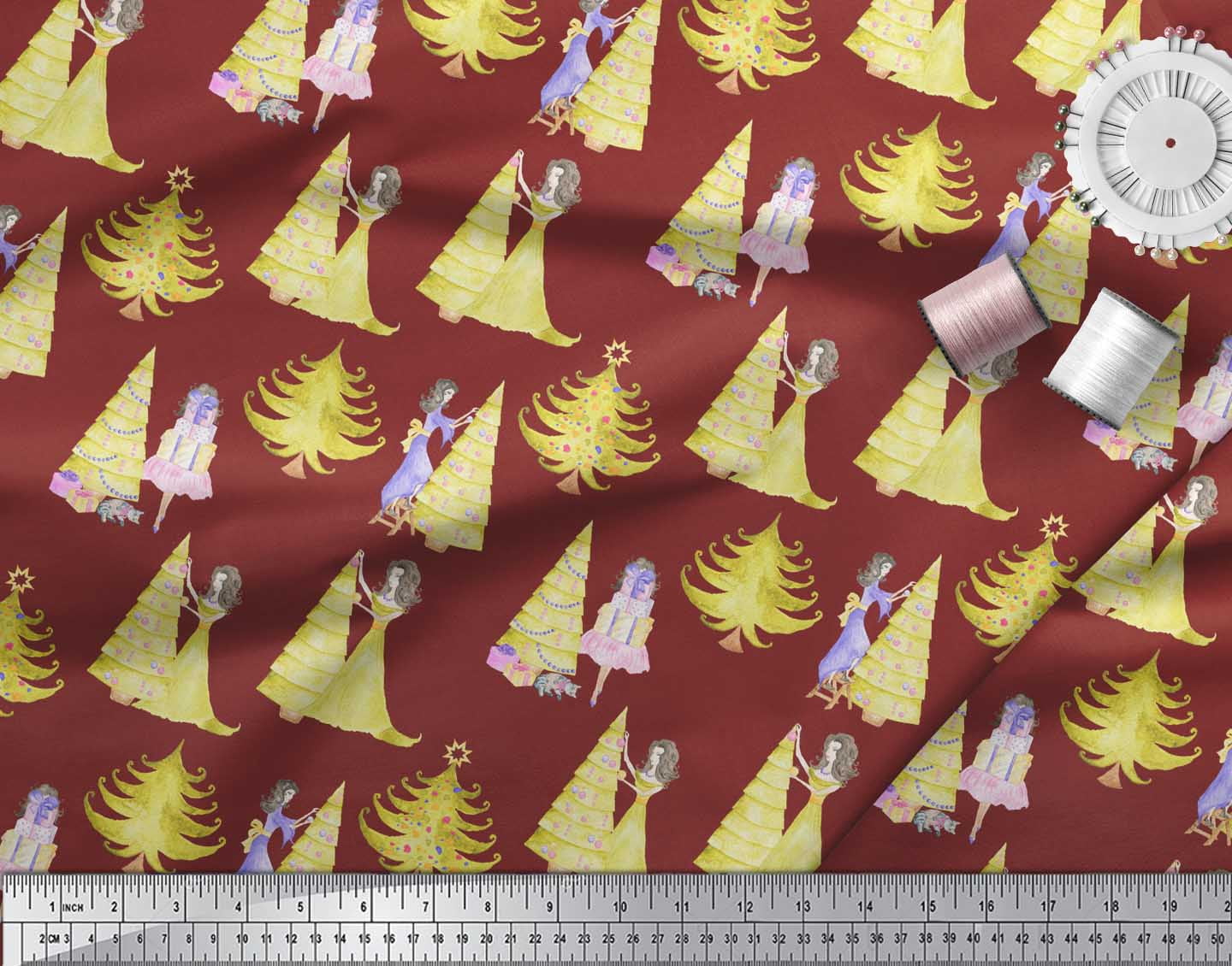 Soimoi Red Georgette Viscose Fabric Women,Gift Box & Tree Christmas Fabric Prints By Yard 42 Inch Wide