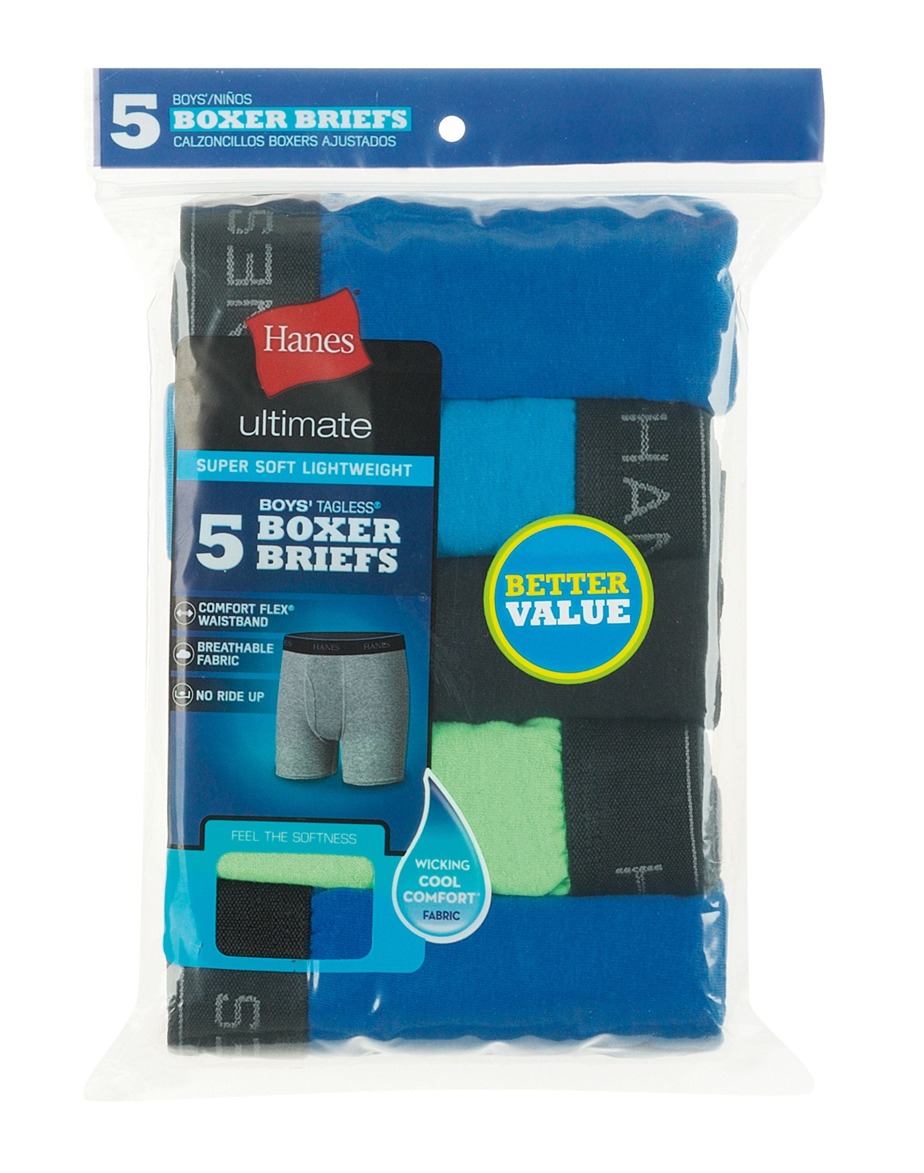 Hanes Ultimate® Boys' Lightweight Boxer Brief 5-Pack BUBFA5 - Assorted - L